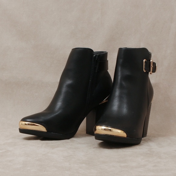 Black Faux Leather Bootie W/ Gold Detailing Apollo - Picture 3 of 5